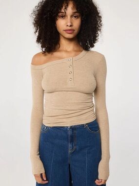 The Line By K HARLEY Beige Melange Asymmetrical Henley Top